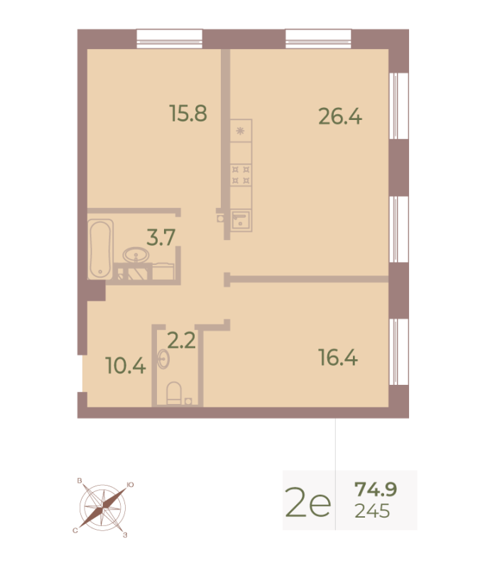 2-комнатная квартира  №245 в Neva Haus: 74.6 м², этаж 9 - купить в Санкт-Петербурге