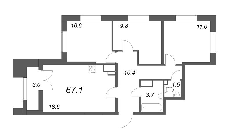 3-комнатная квартира  №591 в Цивилизация на Неве: 67.1 м², этаж 23 - купить в Санкт-Петербурге