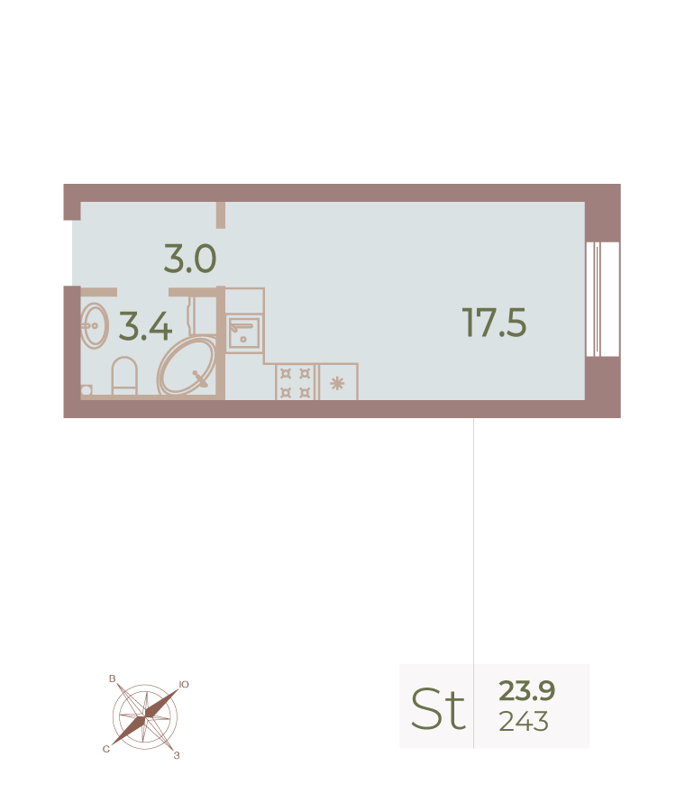 1-комнатная квартира  №243 в Neva Haus: 23.8 м², этаж 9 - купить в Санкт-Петербурге