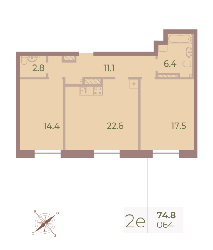 2-комнатная квартира  №64 в Neva Haus: 74.5 м², этаж 9 - купить в Санкт-Петербурге