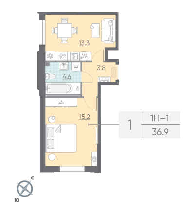 1-комнатная квартира  №223 в Цивилизация на Неве: 36.9 м², этаж 2 - купить в Санкт-Петербурге