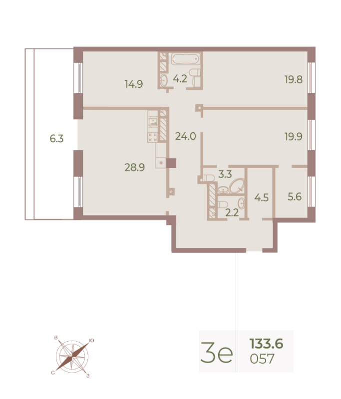 3-комнатная квартира  №57 в Neva Haus: 132.2 м², этаж 9 - купить в Санкт-Петербурге