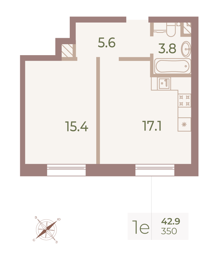 1-комнатная квартира  №350 в Neva Haus: 42.8 м², этаж 9 - купить в Санкт-Петербурге