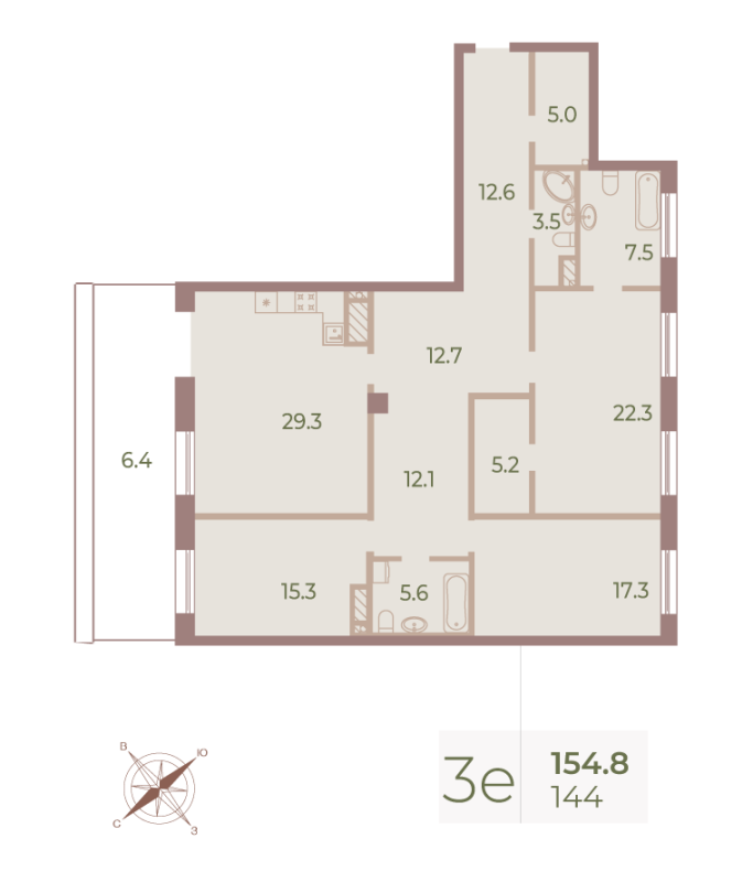 3-комнатная квартира  №144 в Neva Haus: 153.7 м², этаж 9 - купить в Санкт-Петербурге