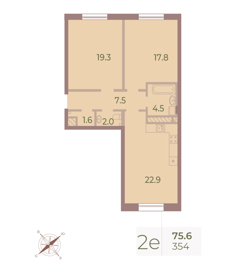 2-комнатная квартира  №354 в Neva Haus: 75.1 м², этаж 9 - купить в Санкт-Петербурге
