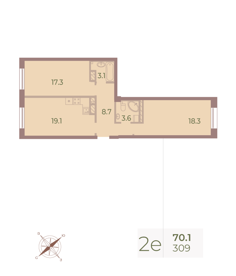 2-комнатная квартира  №309 в Neva Haus: 68.7 м², этаж 9 - купить в Санкт-Петербурге