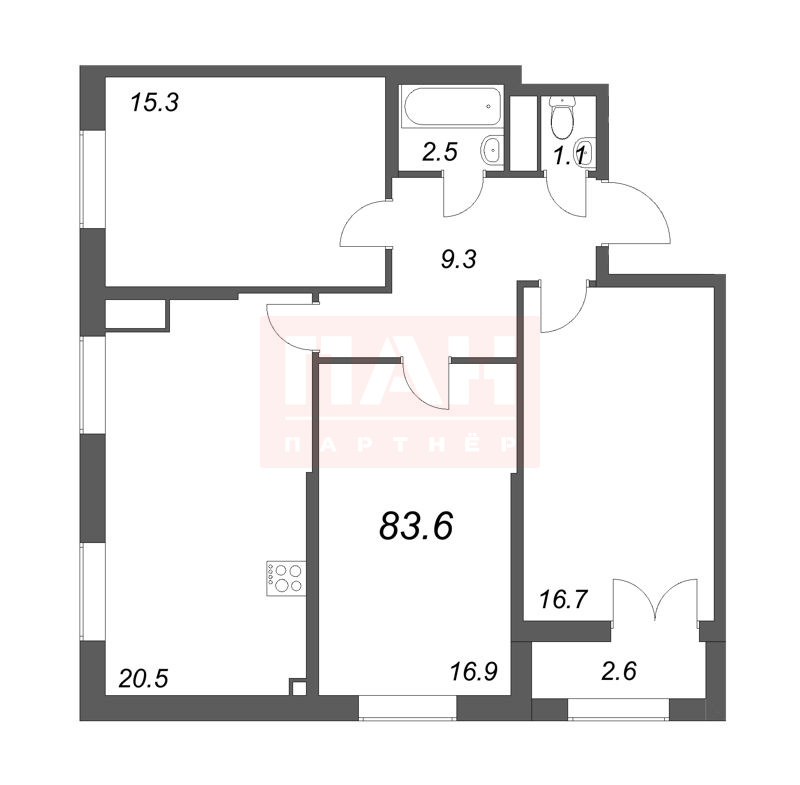 3-комнатная квартира  №1144 в Цивилизация на Неве: 83.6 м², этаж 19 - купить в Санкт-Петербурге