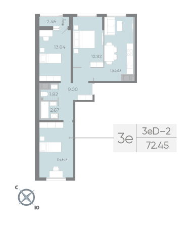 3-комнатная квартира  №185 в Морская набережная II очередь: 72.45 м², этаж 15 - купить в Санкт-Петербурге