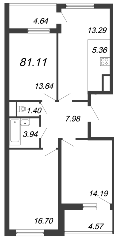 3-комнатная квартира  №107 в Морская набережная I очередь: 80 м², этаж 15 - купить в Санкт-Петербурге