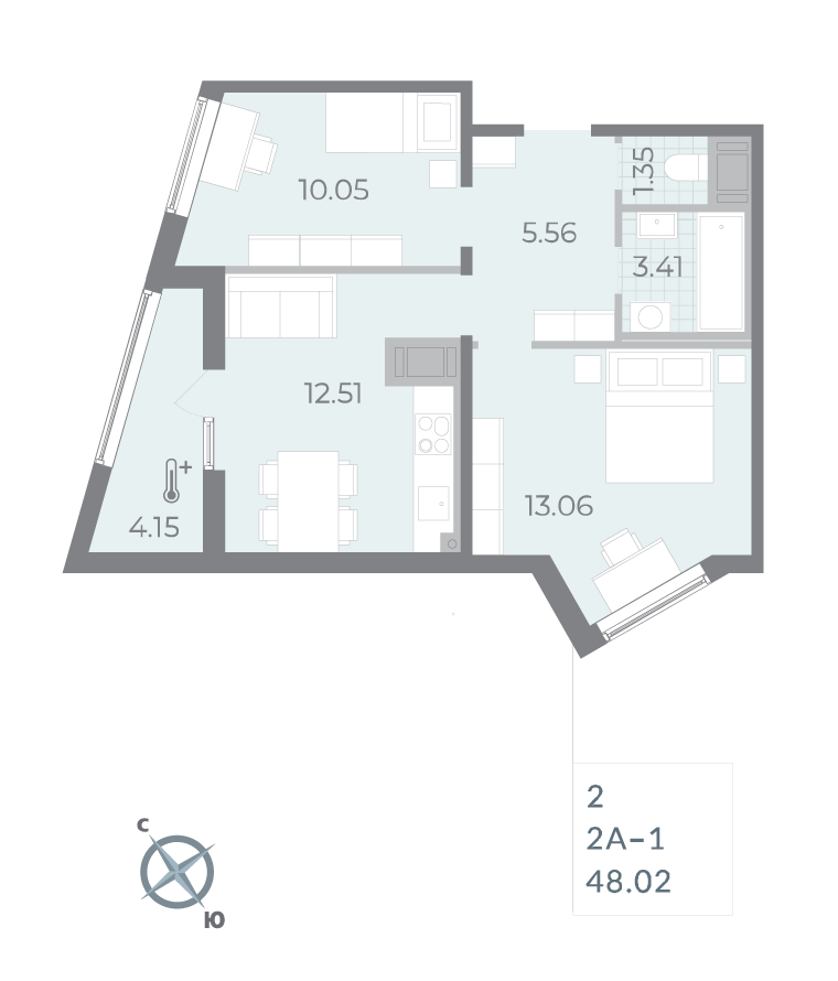 2-комнатная квартира  №305 в Морская набережная II очередь: 49.9 м², этаж 15 - купить в Санкт-Петербурге