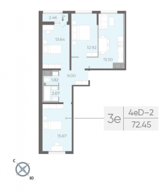 3-комнатная квартира  №180 в Морская набережная II очередь: 72.45 м², этаж 14 - купить в Санкт-Петербурге