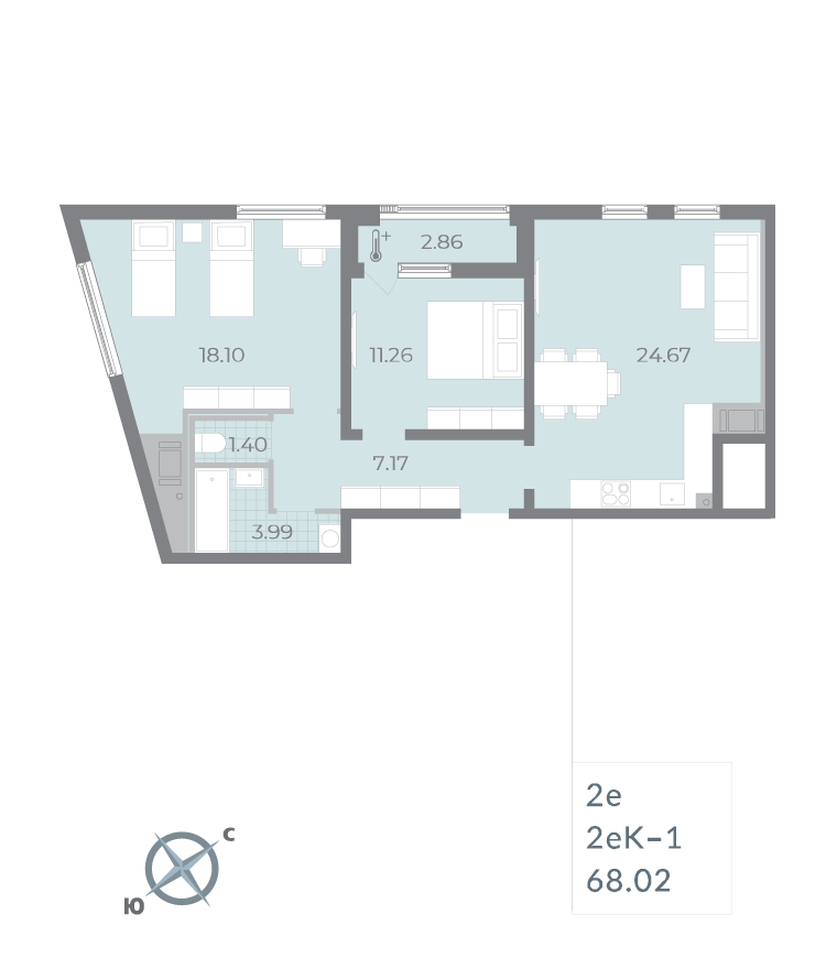 2-комнатная квартира  №93 в Морская набережная II очередь: 68.02 м², этаж 16 - купить в Санкт-Петербурге