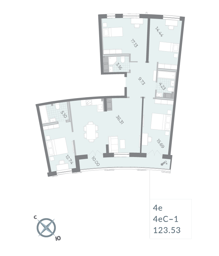 4-комнатная квартира  №292 в Морская набережная.SeaView II очередь: 123.53 м², этаж 16 - купить в Санкт-Петербурге