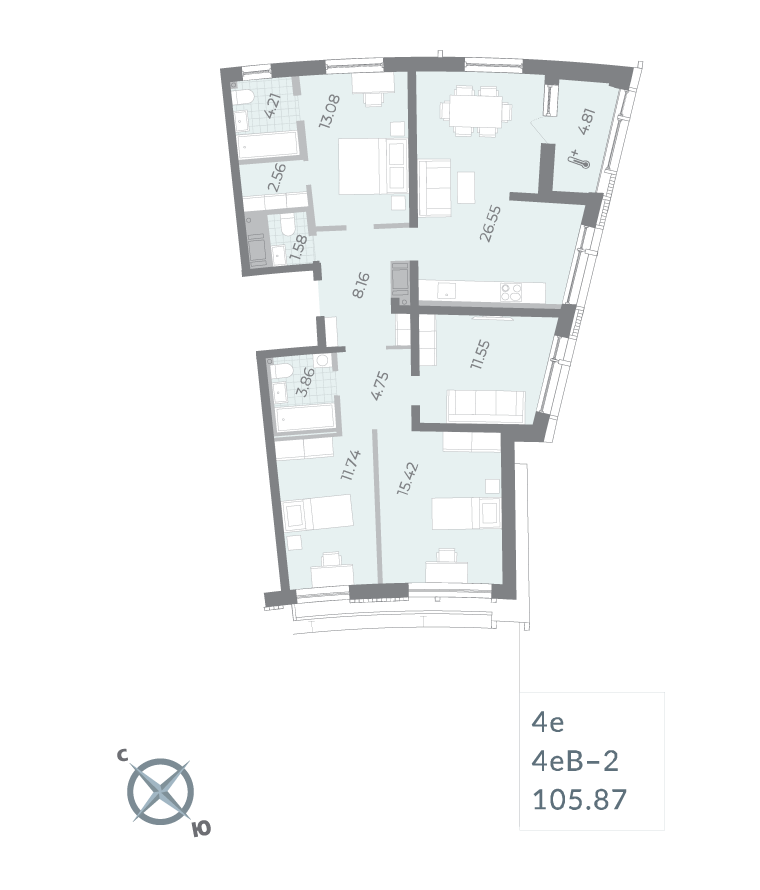 4-комнатная квартира  №44 в Морская набережная.SeaView II очередь: 105.87 м², этаж 16 - купить в Санкт-Петербурге