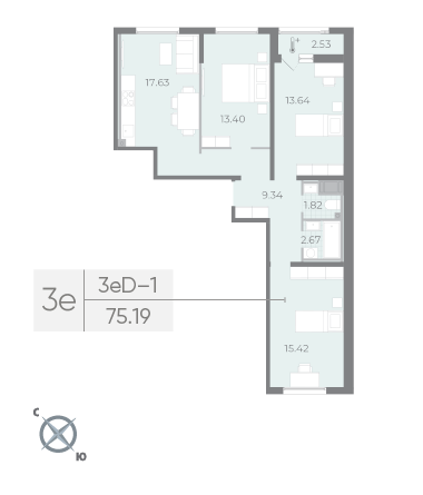 3-комнатная квартира  №305 в Морская набережная II очередь: 75.18 м², этаж 15 - купить в Санкт-Петербурге