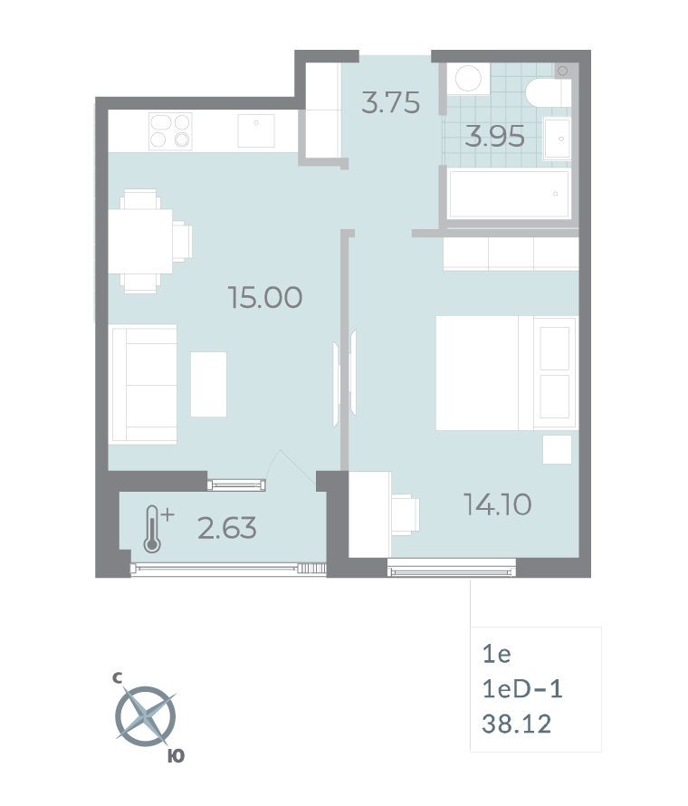 1-комнатная квартира  №306 в Морская набережная II очередь: 37.9 м², этаж 15 - купить в Санкт-Петербурге