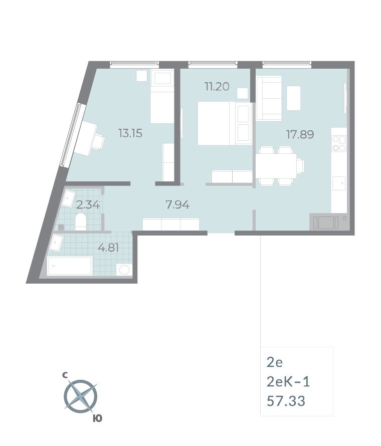 1-комнатная квартира  №304 в Морская набережная II очередь: 59.2 м², этаж 15 - купить в Санкт-Петербурге