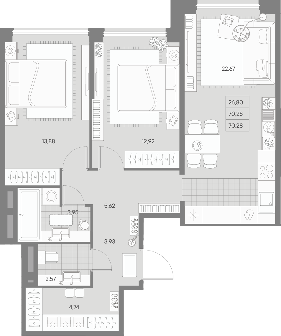 2-комнатная квартира  №347 в Avant: 70.28 м², этаж 3 - купить в Санкт-Петербурге