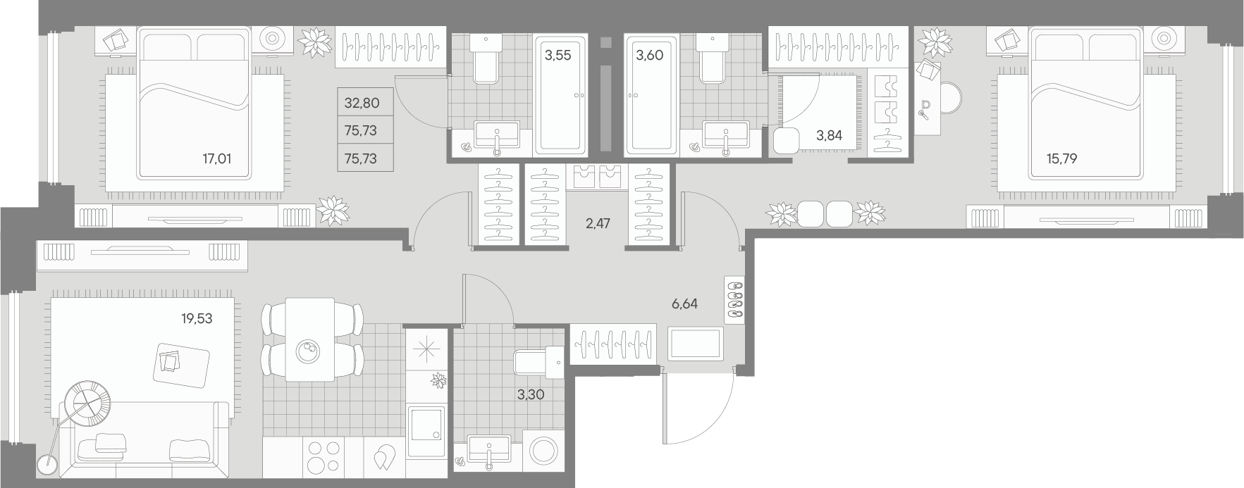 2-комнатная квартира  №32 в Avant: 75.73 м², этаж 3 - купить в Санкт-Петербурге