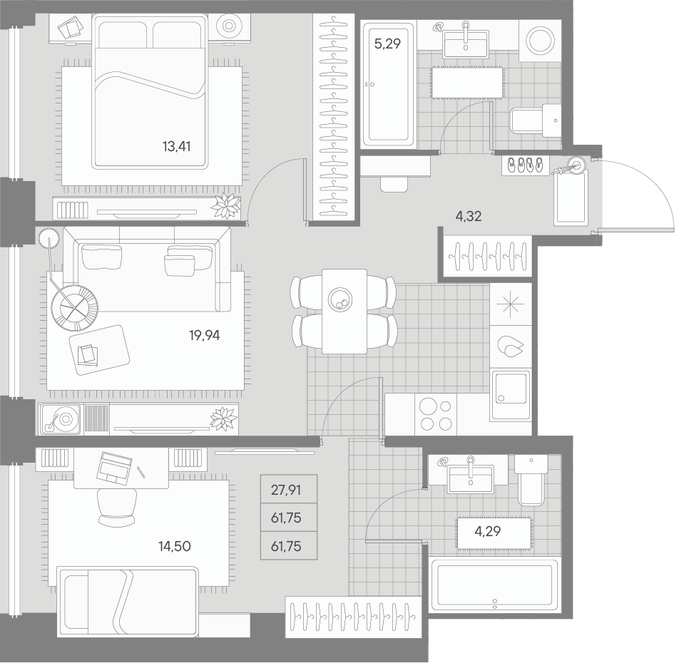 2-комнатная квартира  №384 в Avant: 61.75 м², этаж 2 - купить в Санкт-Петербурге