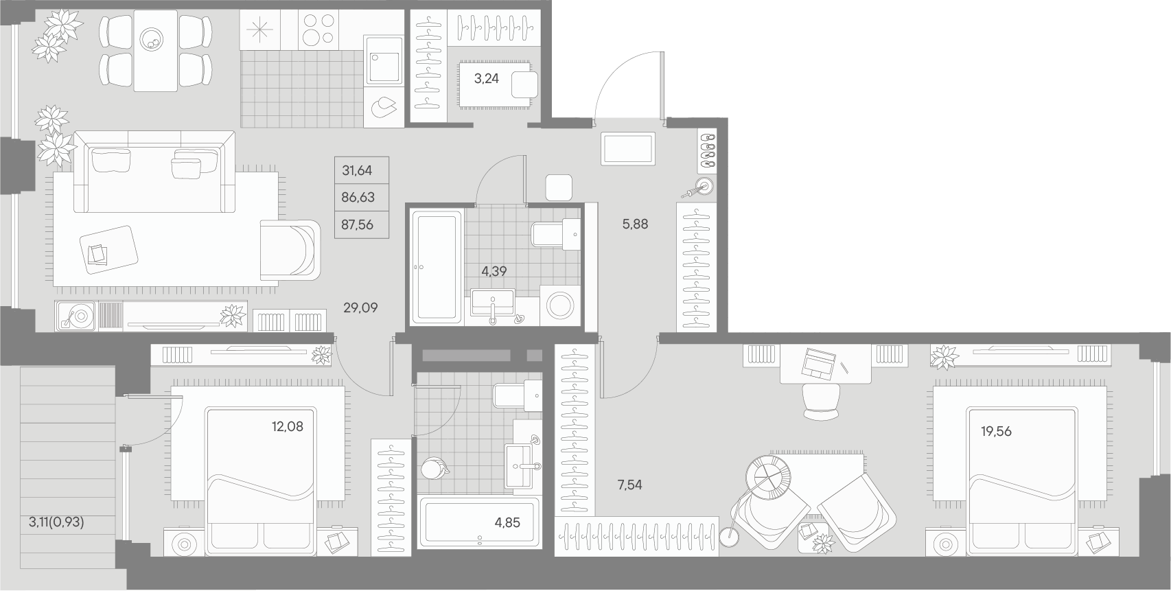 2-комнатная квартира  №233 в Avant: 87.56 м², этаж 2 - купить в Санкт-Петербурге