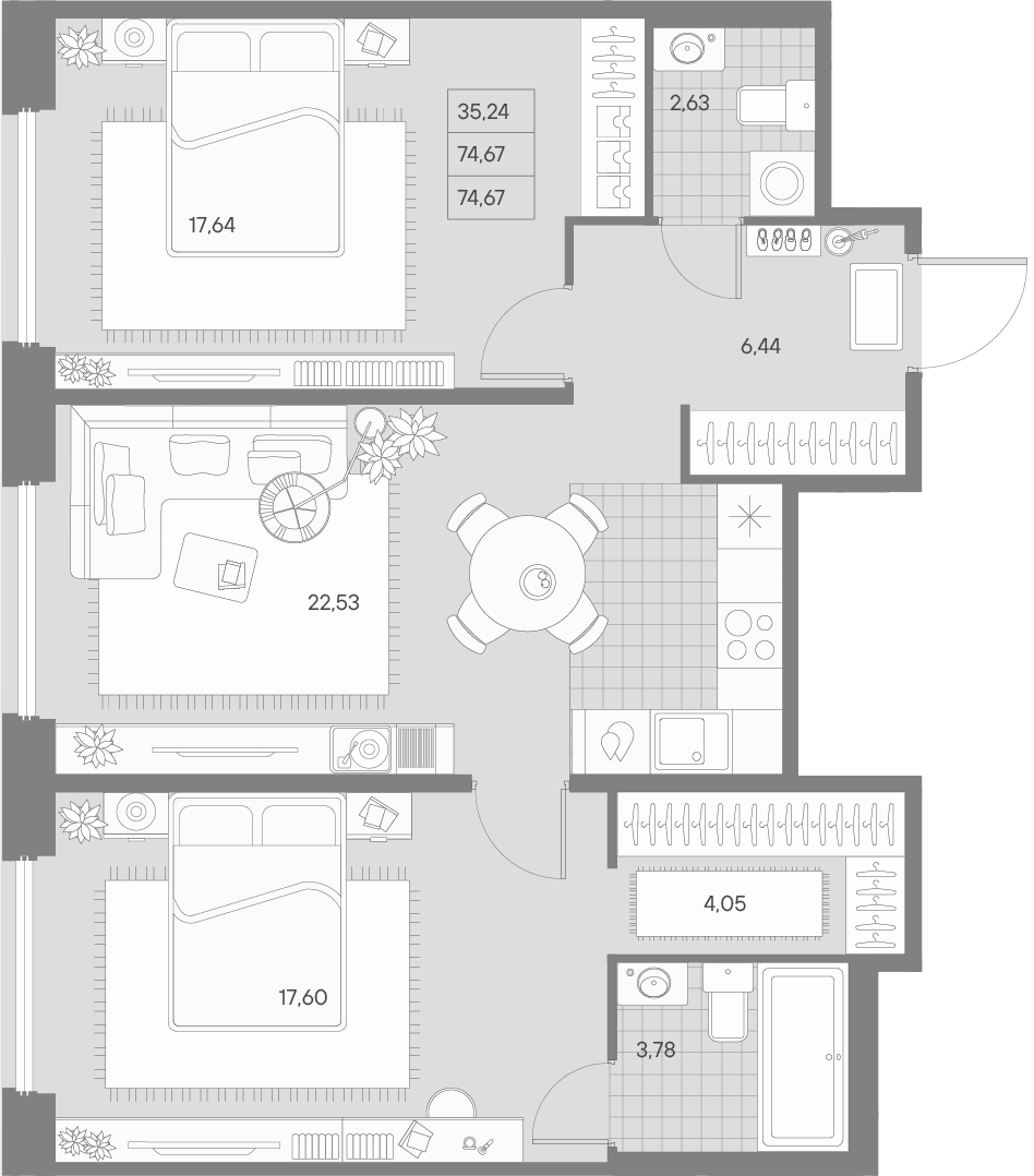 2-комнатная квартира  №279 в Avant: 74.45 м², этаж 7 - купить в Санкт-Петербурге