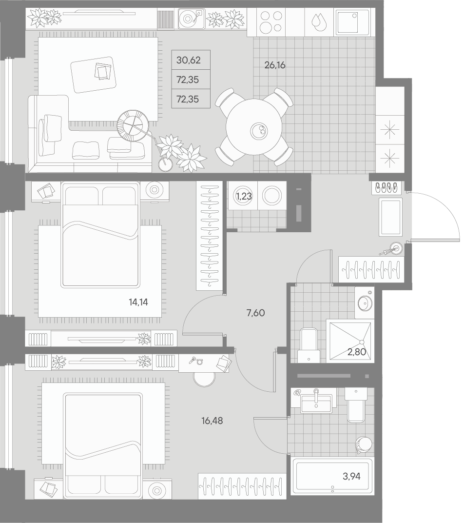 2-комнатная квартира  №36 в Avant: 72.35 м², этаж 4 - купить в Санкт-Петербурге