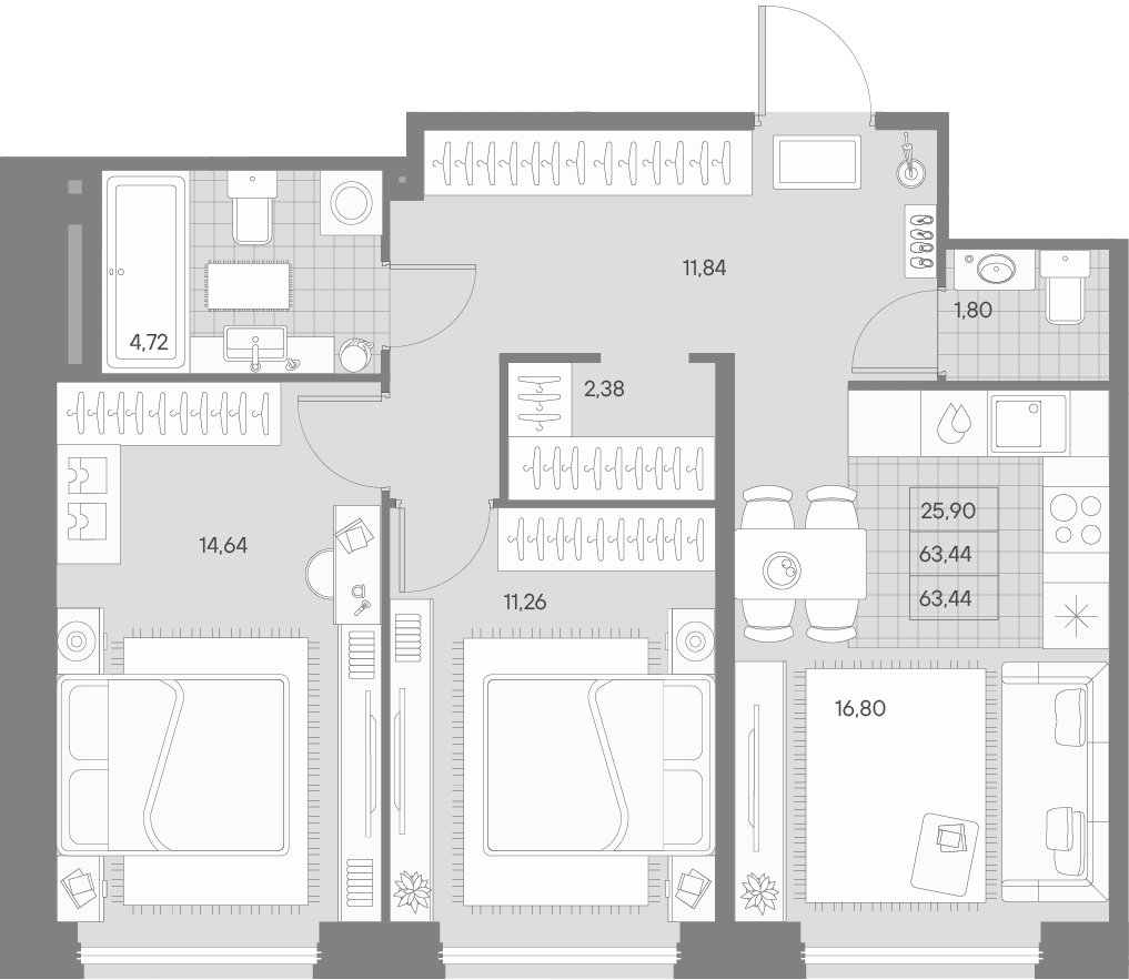2-комнатная квартира, 66.35 м²; этаж: 4 - купить в Санкт-Петербурге