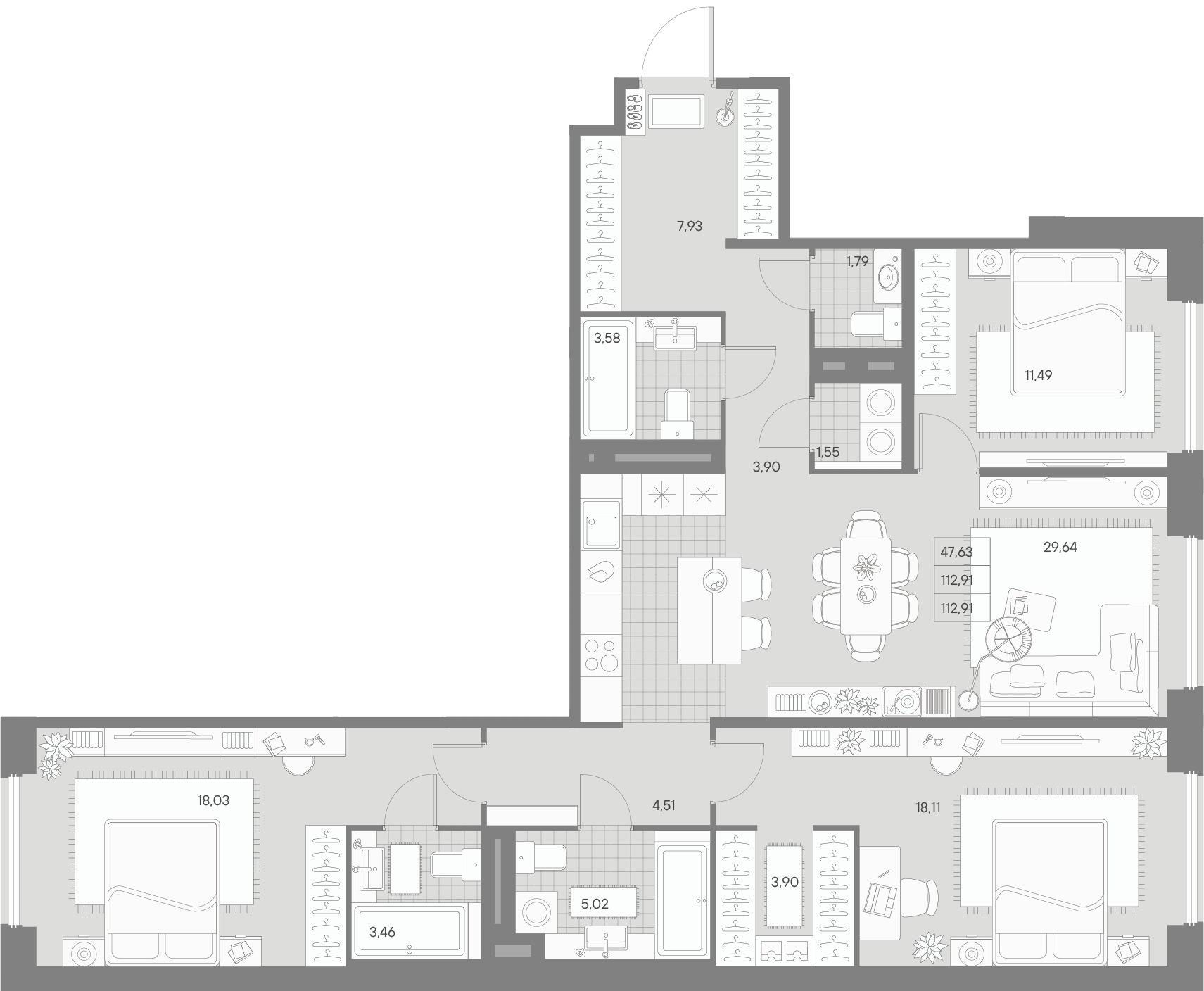 3-комнатная квартира  №356 в Avant: 112.91 м², этаж 4 - купить в Санкт-Петербурге