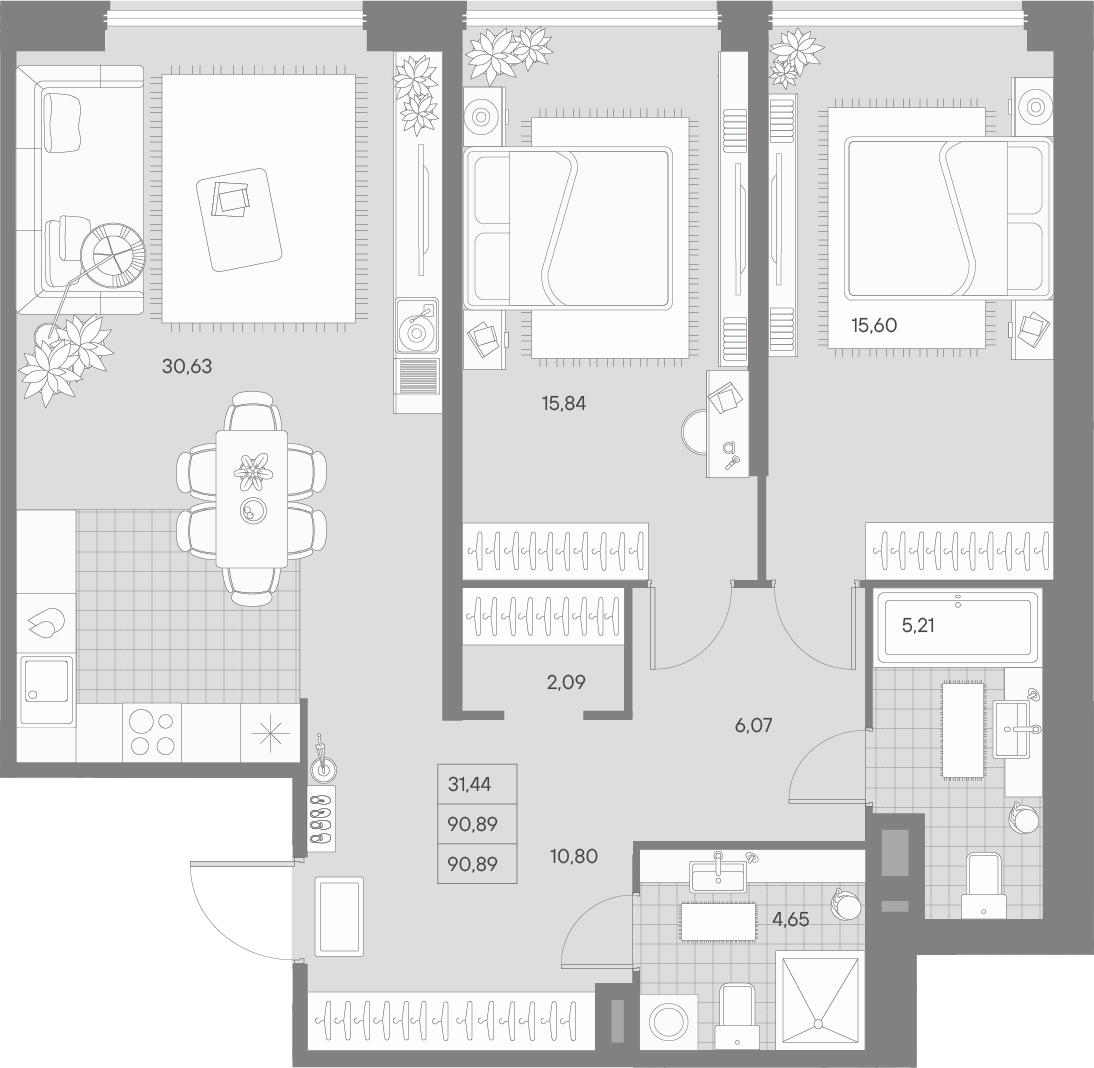 2-комнатная квартира  №202 в Avant: 90.89 м², этаж 7 - купить в Санкт-Петербурге