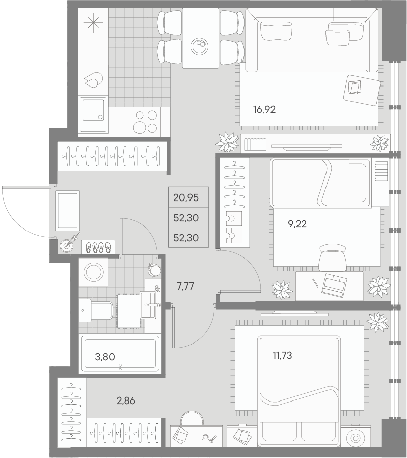 2-комнатная квартира  №166 в Avant: 52.3 м², этаж 3 - купить в Санкт-Петербурге