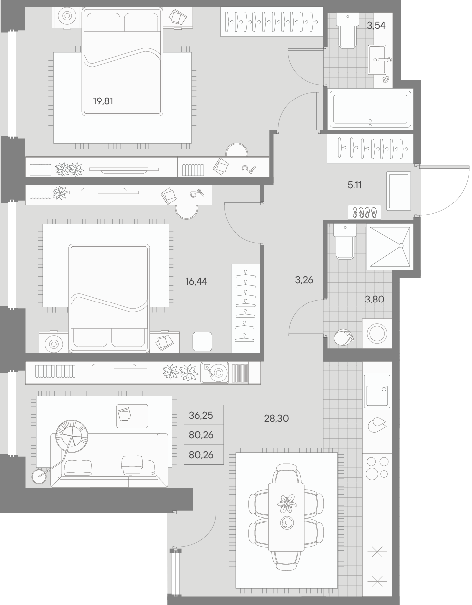 2-комнатная квартира  №278 в Avant: 80.26 м², этаж 7 - купить в Санкт-Петербурге