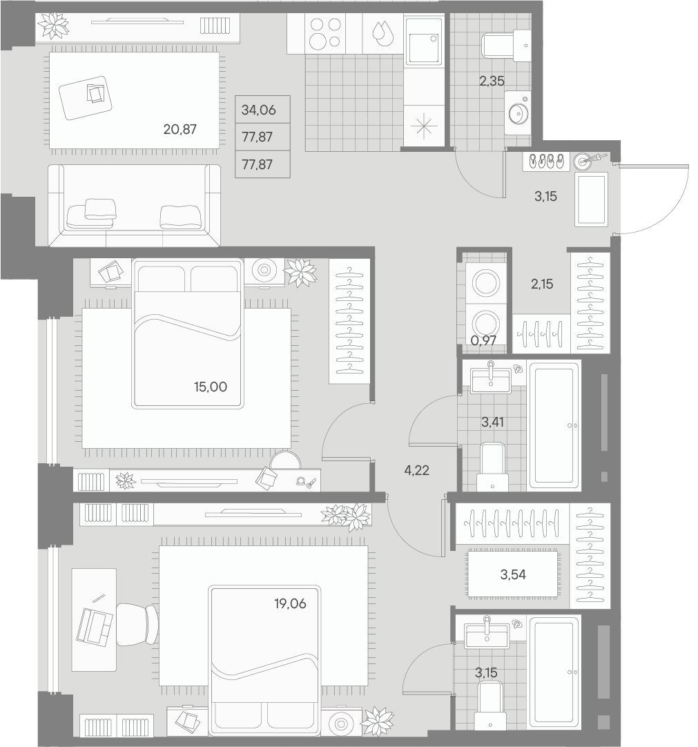 2-комнатная квартира  №65 в Avant: 77.87 м², этаж 7 - купить в Санкт-Петербурге