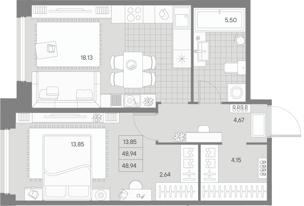 1-комнатная квартира  №16 в Avant: 48.94 м², этаж 2 - купить в Санкт-Петербурге