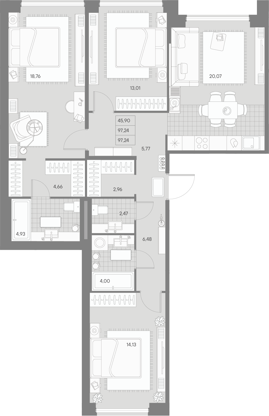 3-комнатная квартира  №155 в Avant: 97.24 м², этаж 7 - купить в Санкт-Петербурге