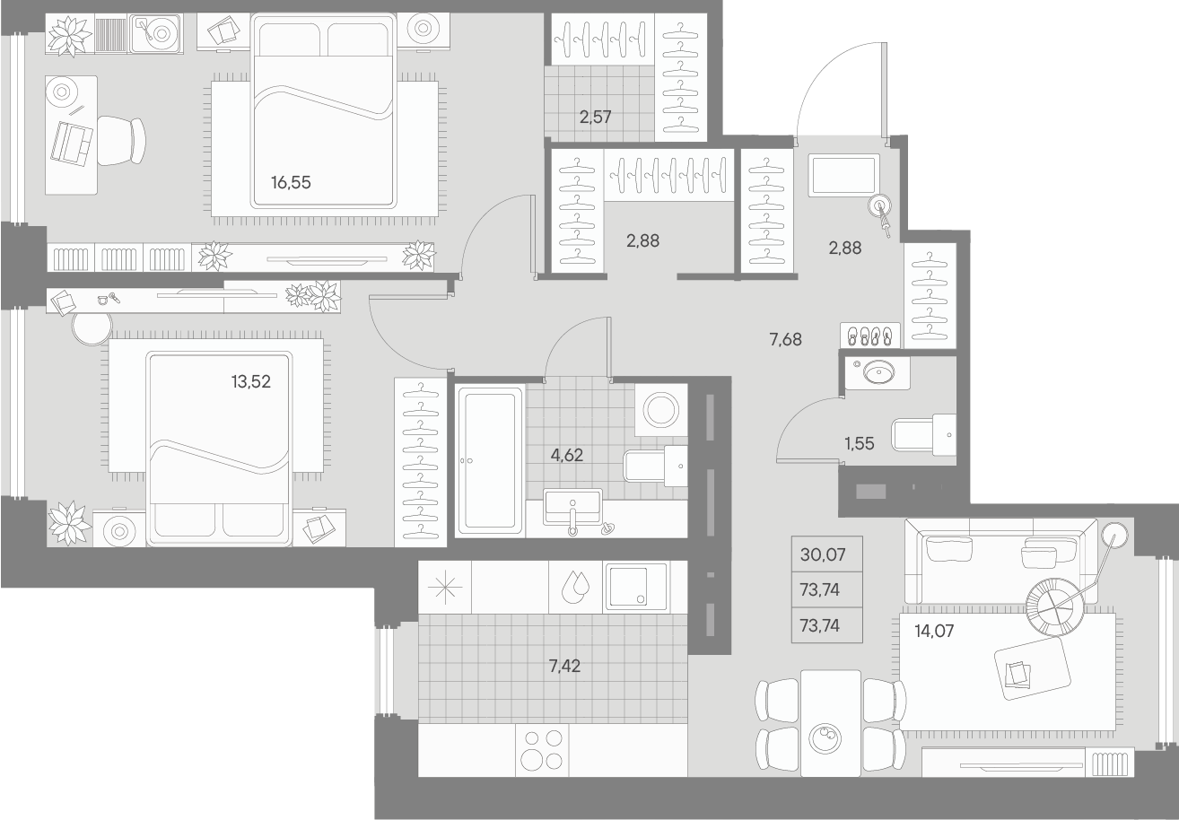 2-комнатная квартира  №424 в Avant: 73.74 м², этаж 7 - купить в Санкт-Петербурге