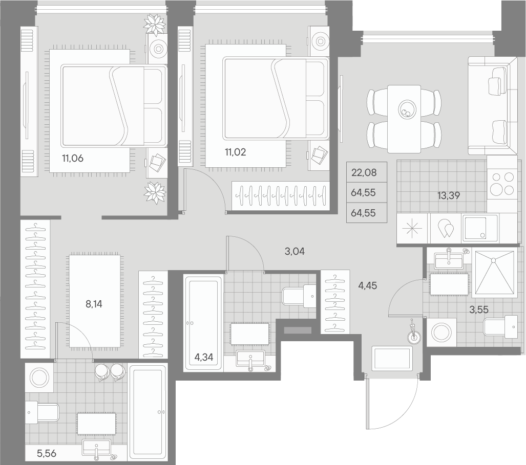 2-комнатная квартира  №336 в Avant: 65.58 м², этаж 8 - купить в Санкт-Петербурге