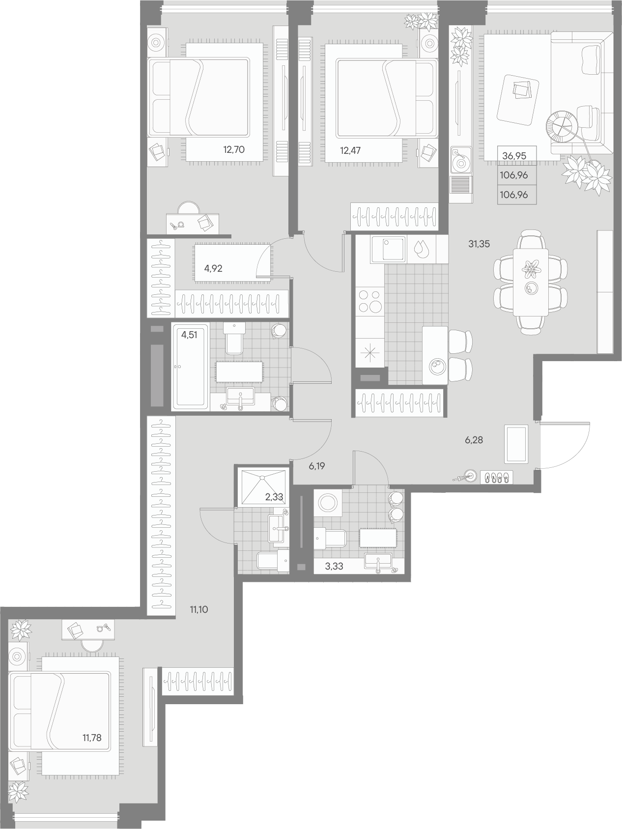 3-комнатная квартира  №194 в Avant: 106.96 м², этаж 6 - купить в Санкт-Петербурге