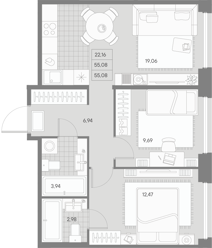 2-комнатная квартира, 55.07 м²; этаж: 5 - купить в Санкт-Петербурге