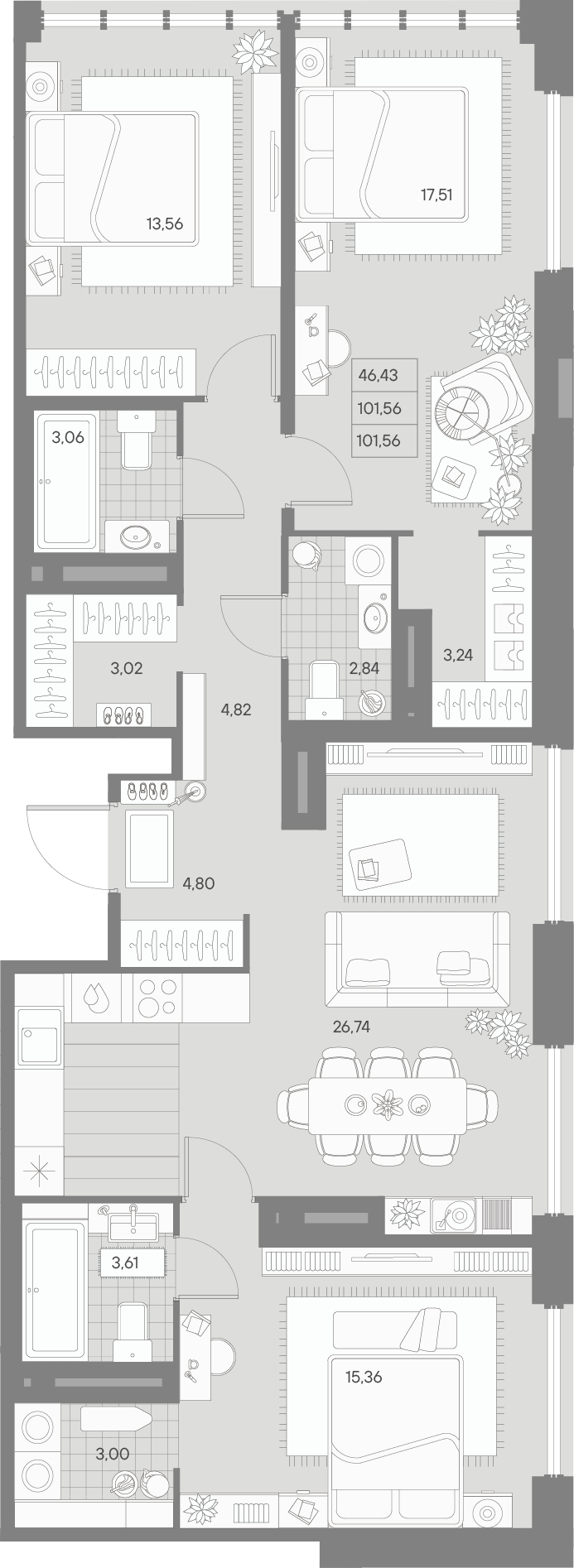 3-комнатная квартира  №365 в Avant: 101.56 м², этаж 6 - купить в Санкт-Петербурге