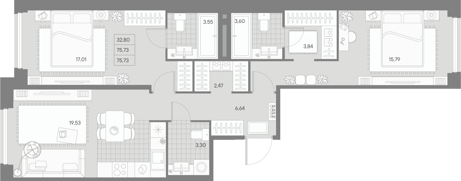 2-комнатная квартира  №42 в Avant: 75.73 м², этаж 4 - купить в Санкт-Петербурге