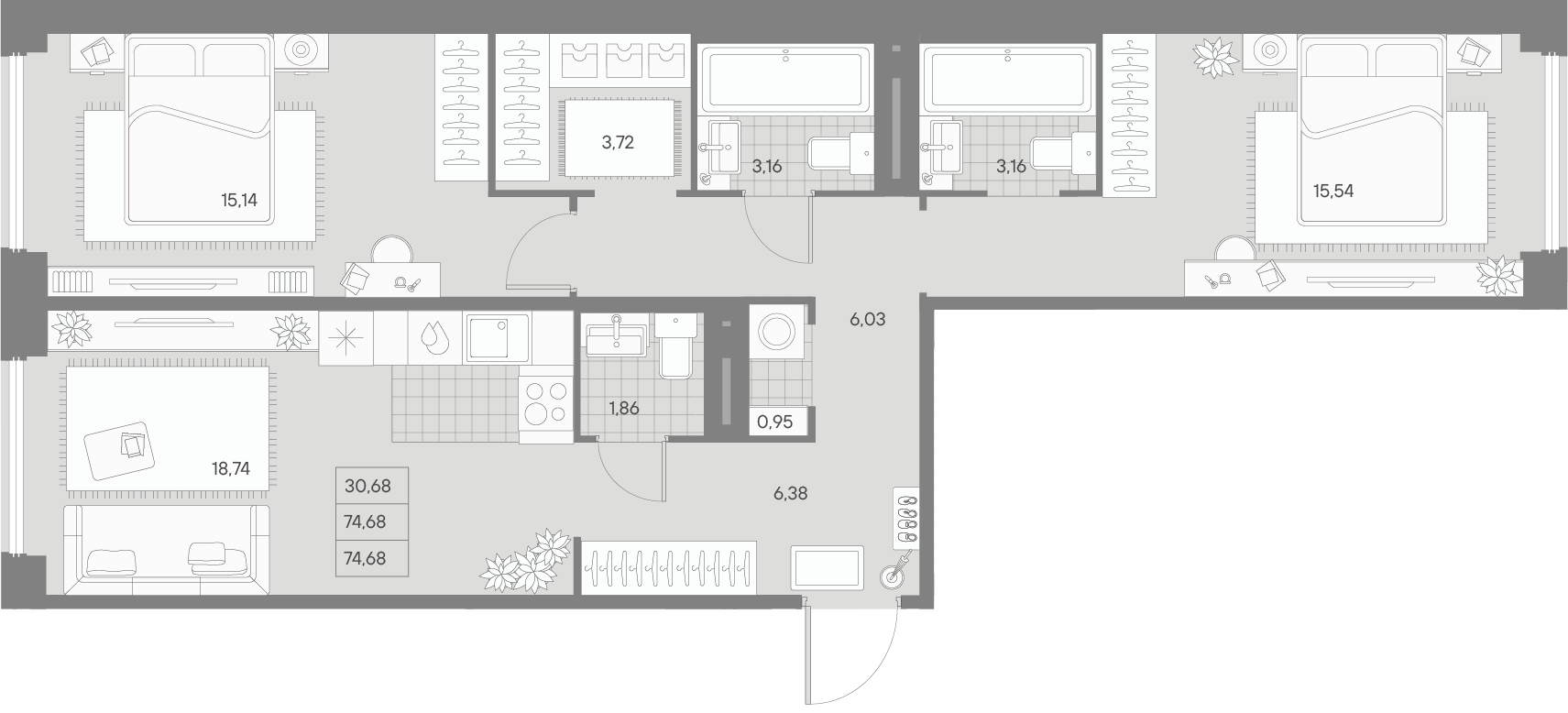 2-комнатная квартира  №428 в Avant: 74.68 м², этаж 7 - купить в Санкт-Петербурге