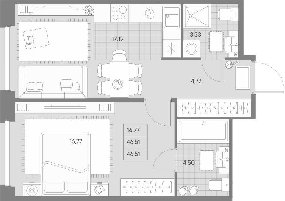 1-комнатная квартира  №184 в Avant: 46.51 м², этаж 5 - купить в Санкт-Петербурге