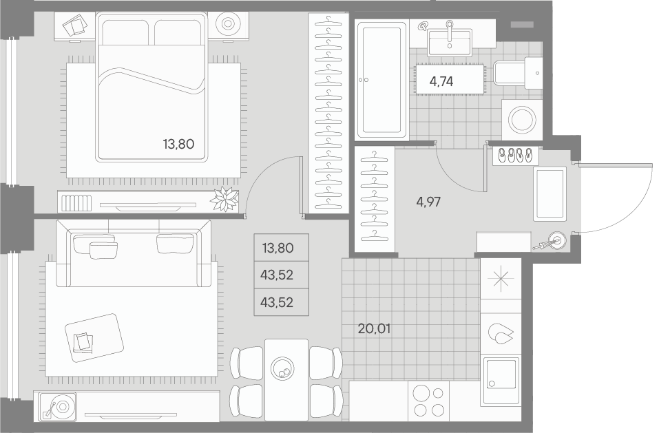 1-комнатная квартира  №427 в Avant: 43.52 м², этаж 7 - купить в Санкт-Петербурге