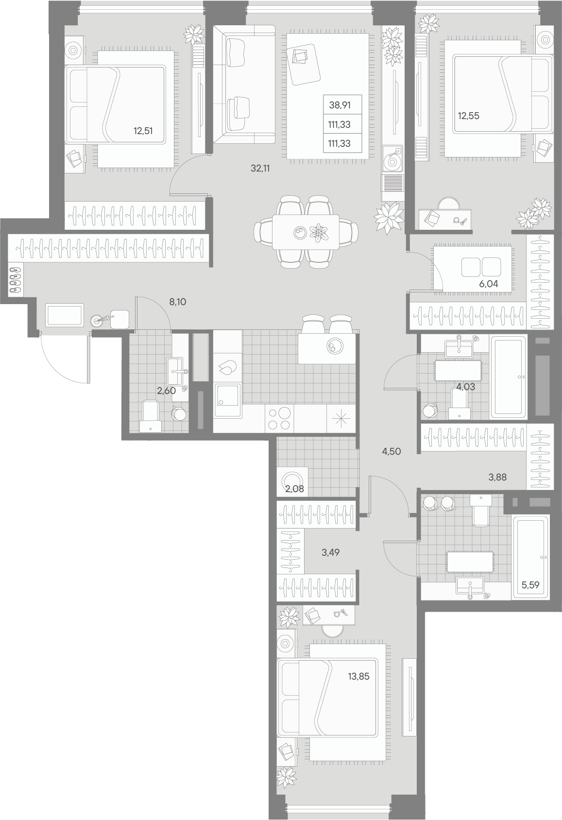 3-комнатная квартира  №136 в Avant: 111.33 м², этаж 3 - купить в Санкт-Петербурге