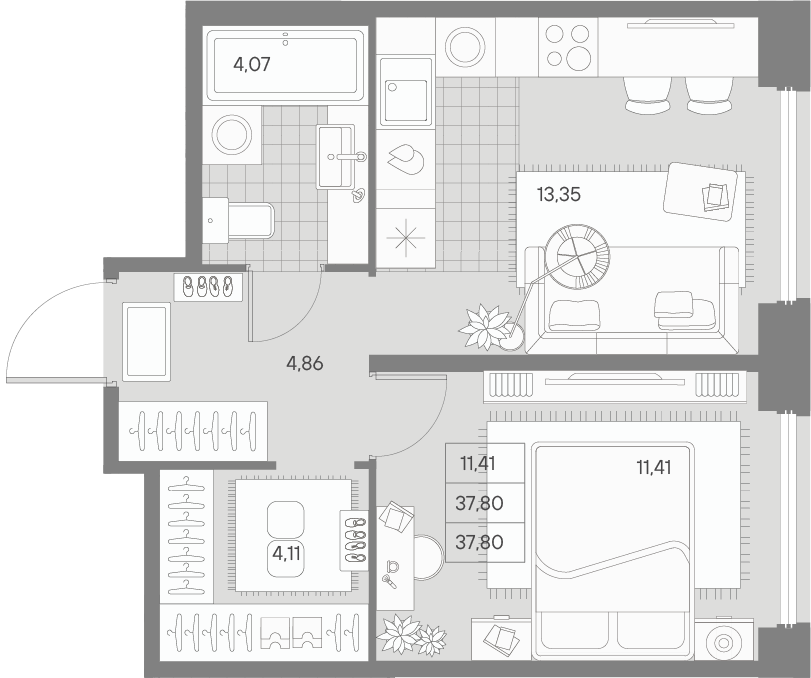 1-комнатная квартира  №52 в Avant: 37.8 м², этаж 6 - купить в Санкт-Петербурге
