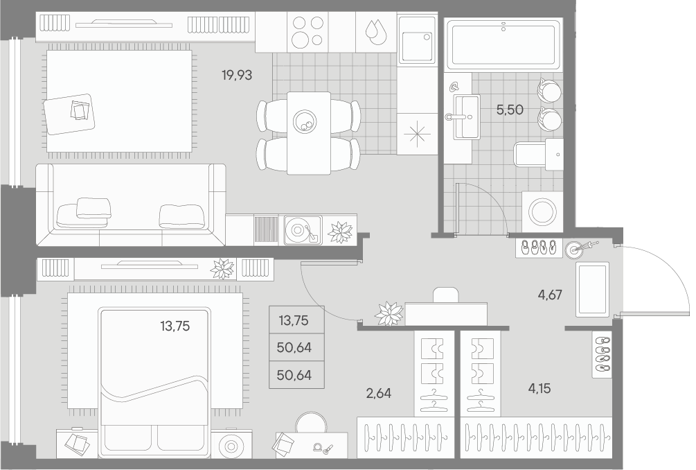 1-комнатная квартира  №6 в Avant: 50.64 м², этаж 1 - купить в Санкт-Петербурге