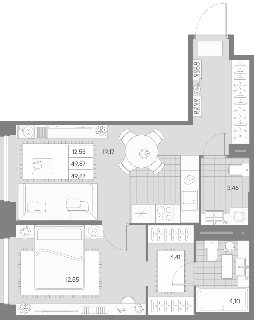 1-комнатная квартира  №351 в Avant: 49.87 м², этаж 3 - купить в Санкт-Петербурге