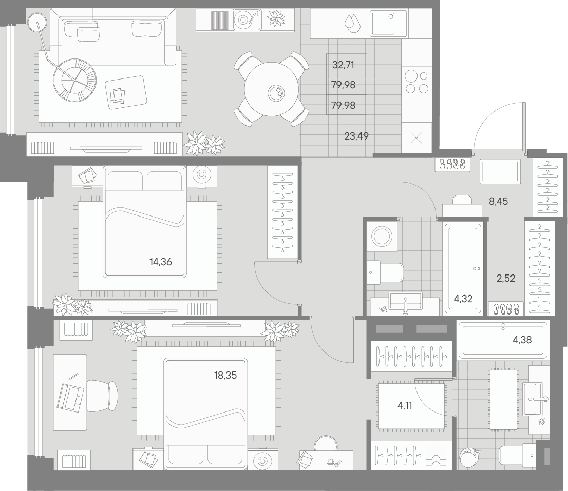 2-комнатная квартира  №88 в Avant: 79.98 м², этаж 3 - купить в Санкт-Петербурге