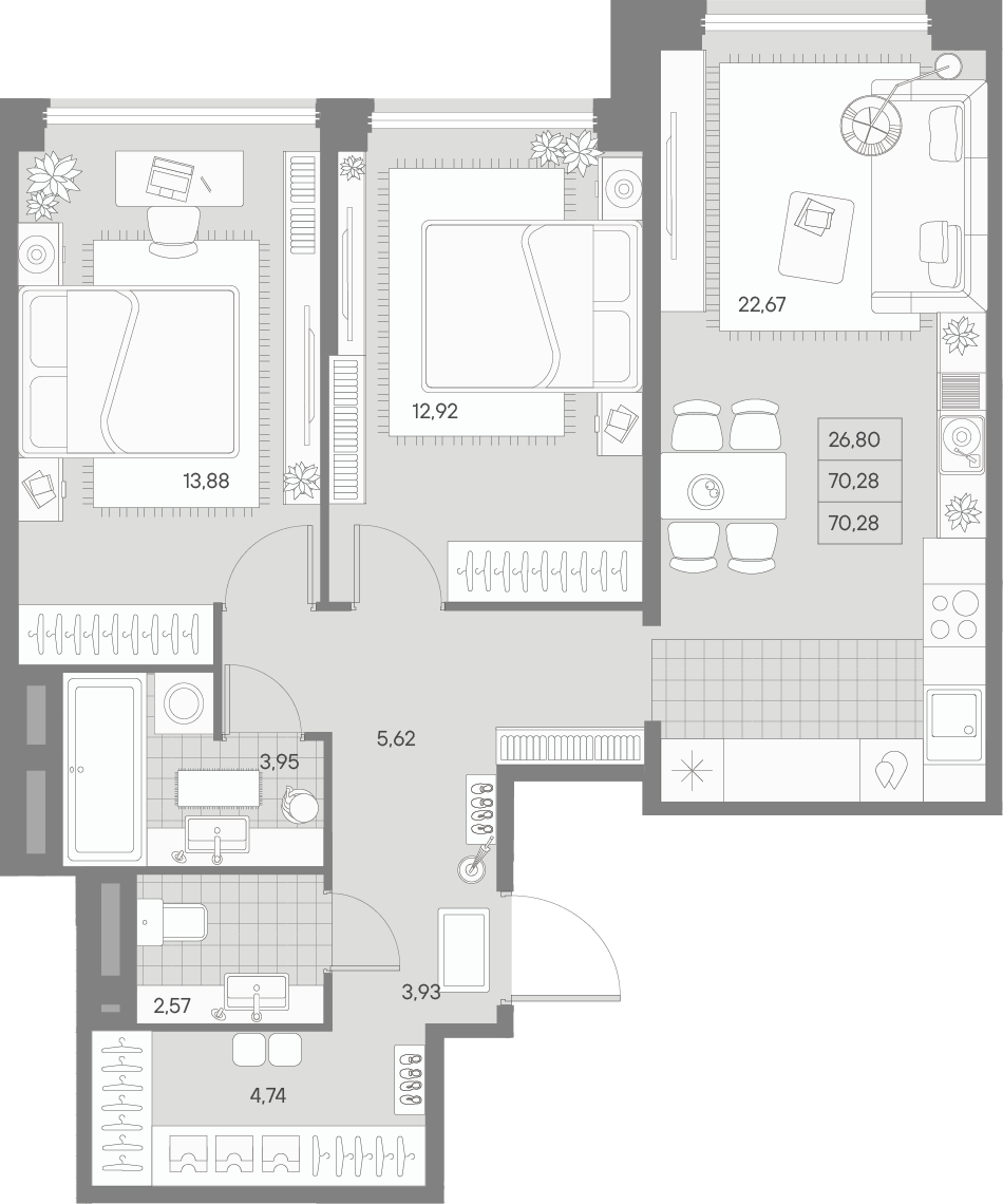 2-комнатная квартира  №369 в Avant: 70.28 м², этаж 7 - купить в Санкт-Петербурге